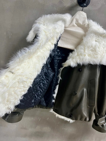 Women’s Olive Green Leather Jacket with Real Fur Collar