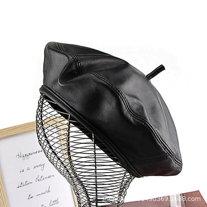 Leather womens beanie with black beret crown