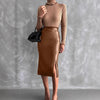Imitation Leather Brown Long Skirt Slide Slit Hem
