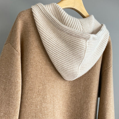 Women Cashmere Wool Hooded Sweater Zip Front Knitted Cardigan