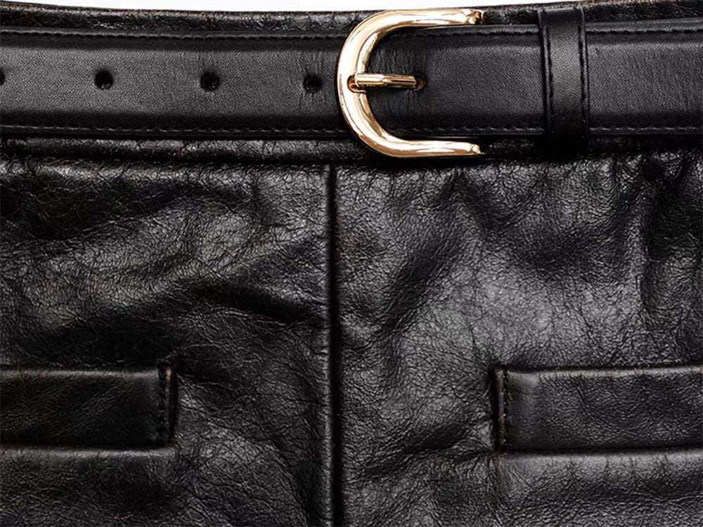 Women’s Black Leather Mini Skirt High Waist A-Line with Belt