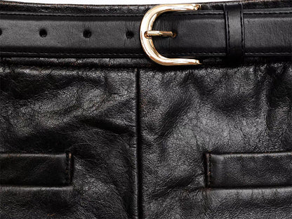 Women’s Black Leather Mini Skirt High Waist A-Line with Belt
