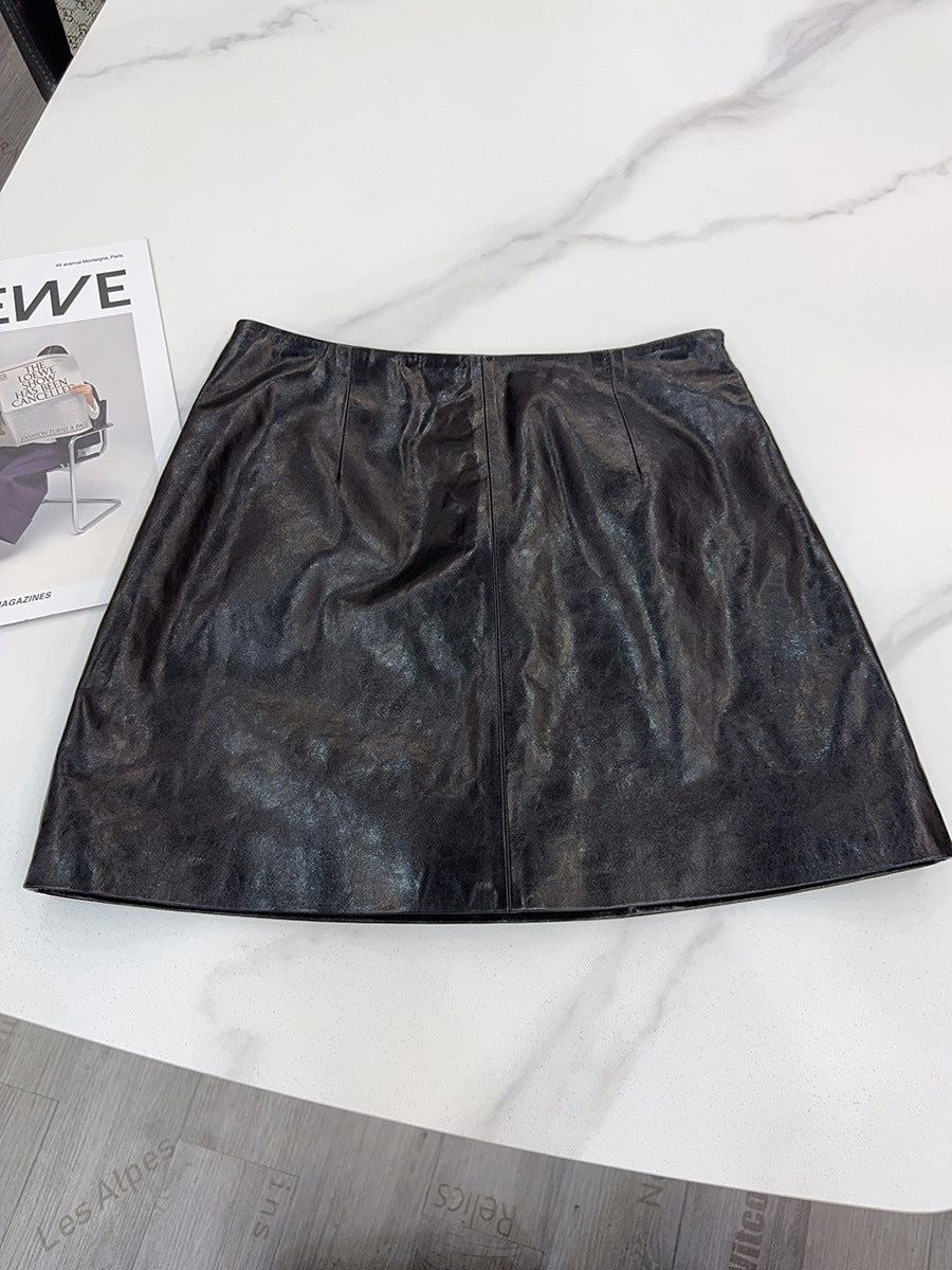 Women’s Leather Mini Skirt High Waist Oil Wax A-Line