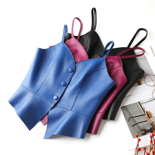 Women Genuine Leather Tube Top Black Bustier with Straps