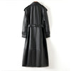 Women Leather Trench Coat Double-Breasted Long Belted