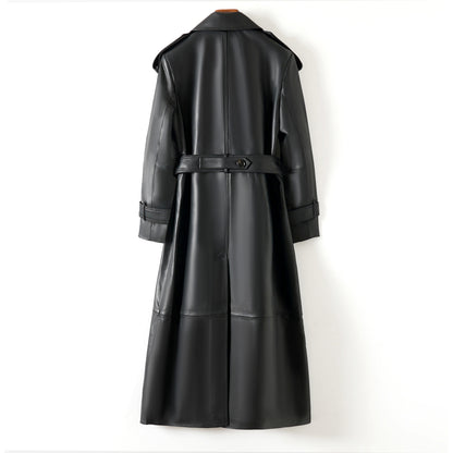 Women Leather Trench Coat Double-Breasted Long Belted