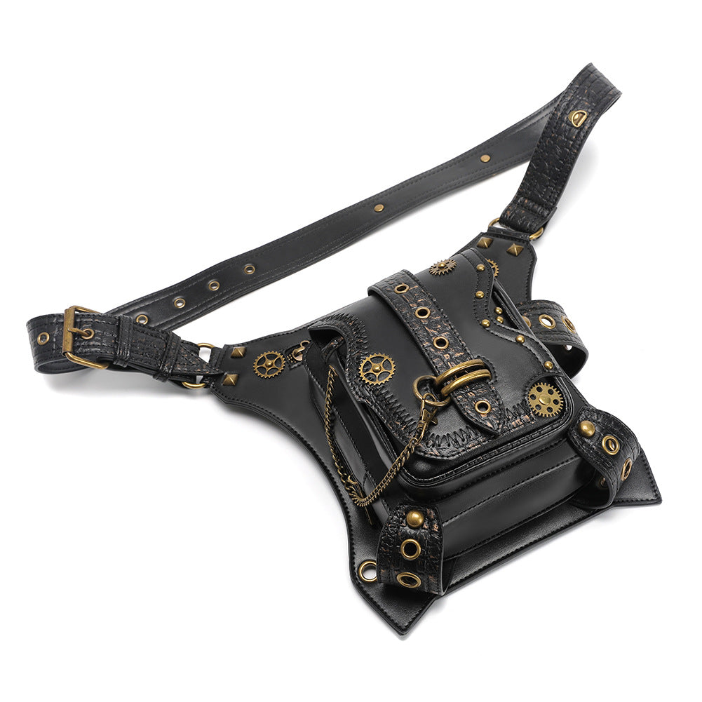 Punk Waist Leg Bag Black PU Chain and Motorcycle Style