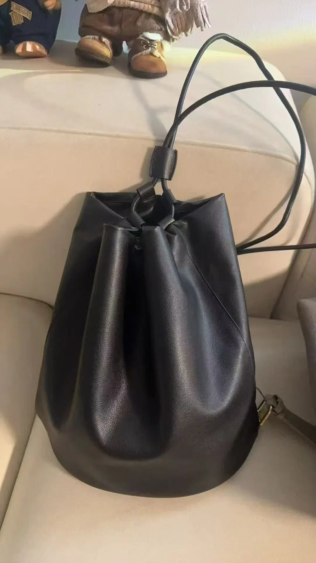 Black Leather Bucket Backpack Purse