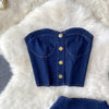 High Waist Denim Two Piece Skirt Set with Bustier Top for Women