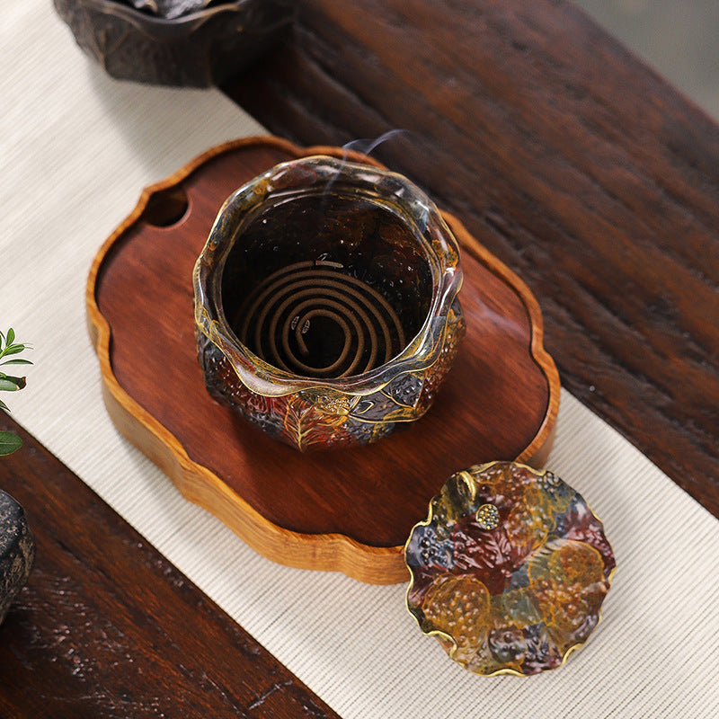 Coil Incense Burner with Brass Body and Removable Floral Lid