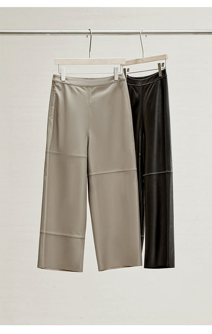 Irregular Cut Leather Wide Leg Pants for Women Cropped Straight Fit