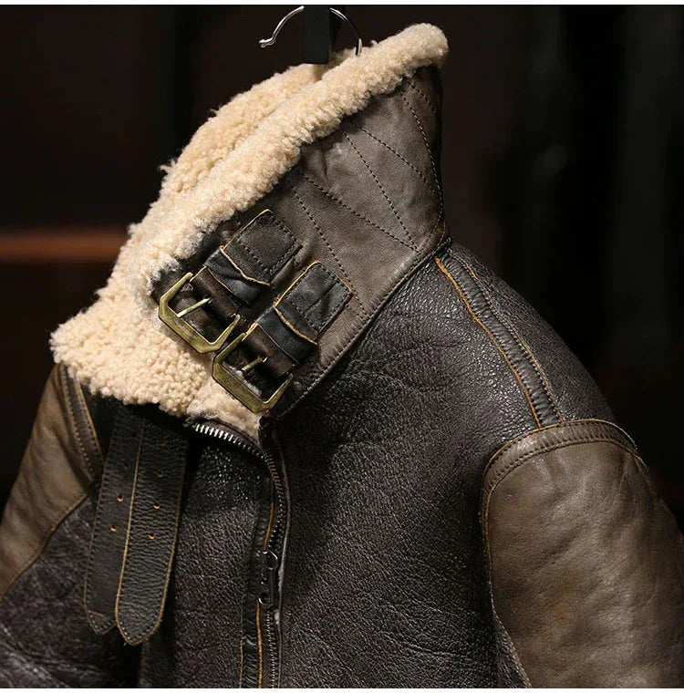 Men Shearling Bomber Leather Jacket With Wool Lining