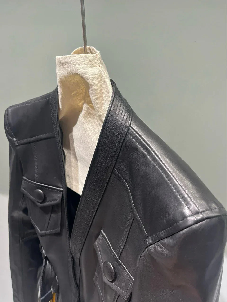 Women Leather Bomber Belted Jacket Black Moto Blazer for Women