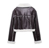 Cropped Faux Leather Bomber Jacket Women with Faux Fur Collar
