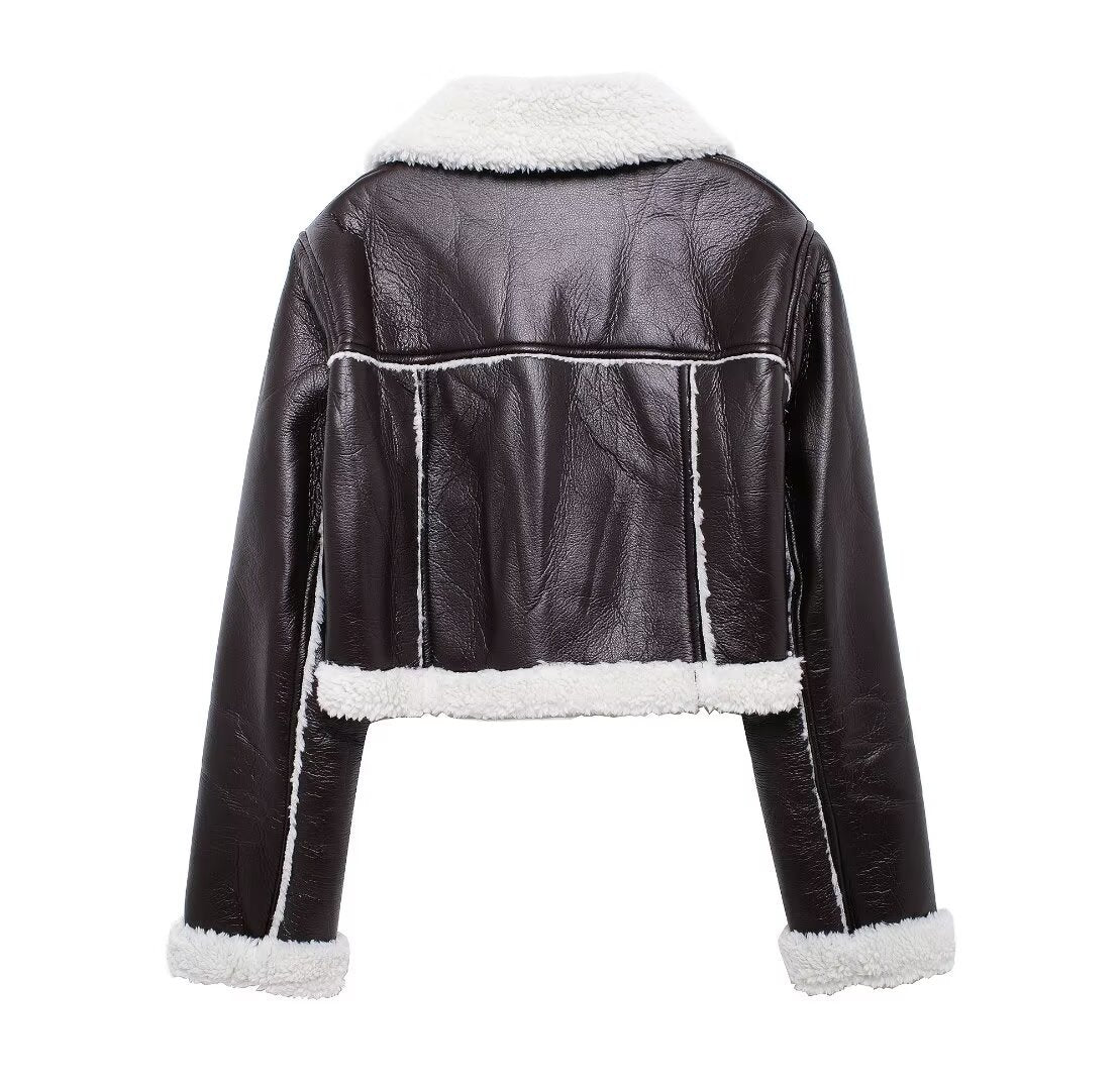 Cropped Faux Leather Bomber Jacket Women with Faux Fur Collar
