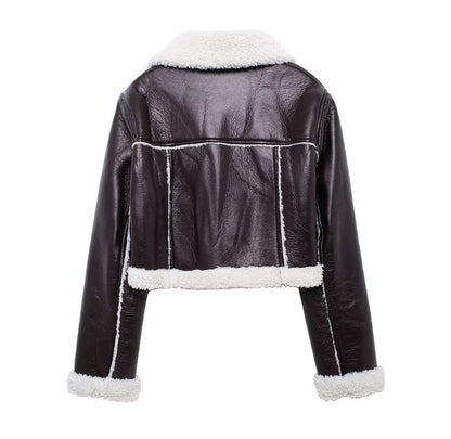Cropped Faux Leather Bomber Jacket Women with Faux Fur Collar