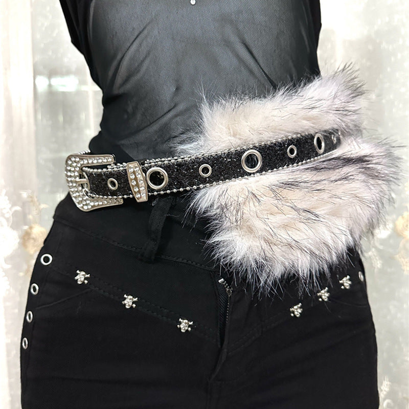 Faux fur diamond waist belt women y2k rhinestone punk style 2