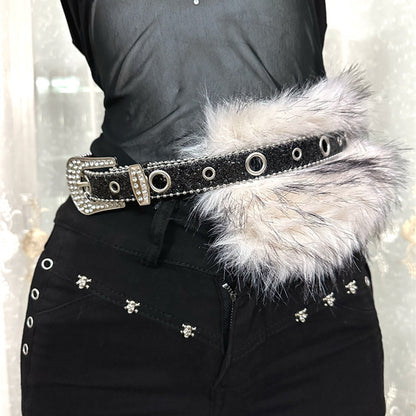 Faux fur diamond waist belt women y2k rhinestone punk style 2