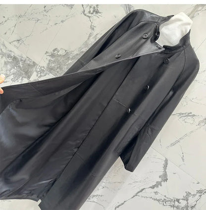 Women sheepskin leather trench coat long belt - Boho Living Room