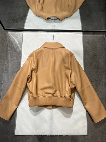 Women Genuine Cropped Leather Bomber Jacket
