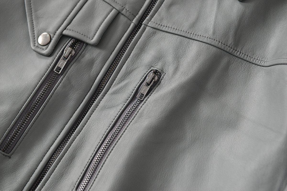 Men Grey Genuine Leather Bomber Jacket