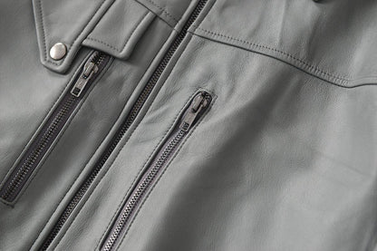 Men Grey Genuine Leather Bomber Jacket