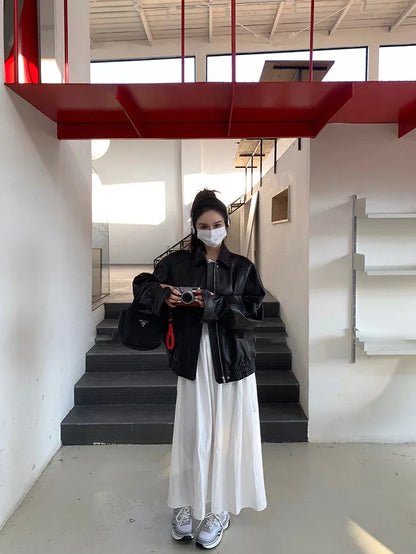 Women Oil-Waxed Oversized Genuine Sheepskin Leather Jacket