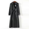 Women Leather Trench Coat Double-Breasted Long Belted
