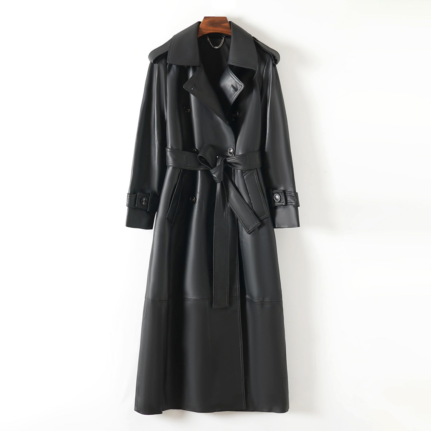 Women Leather Trench Coat Double-Breasted Long Belted