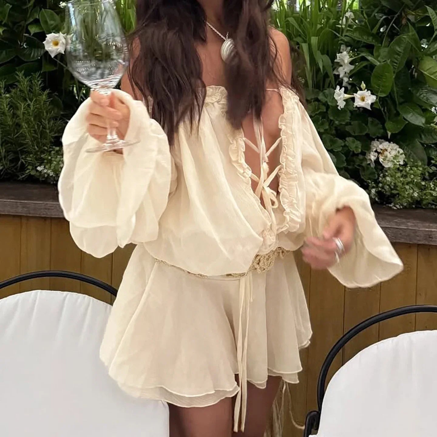 Bohemian off shoulder ruffled chiffon mini