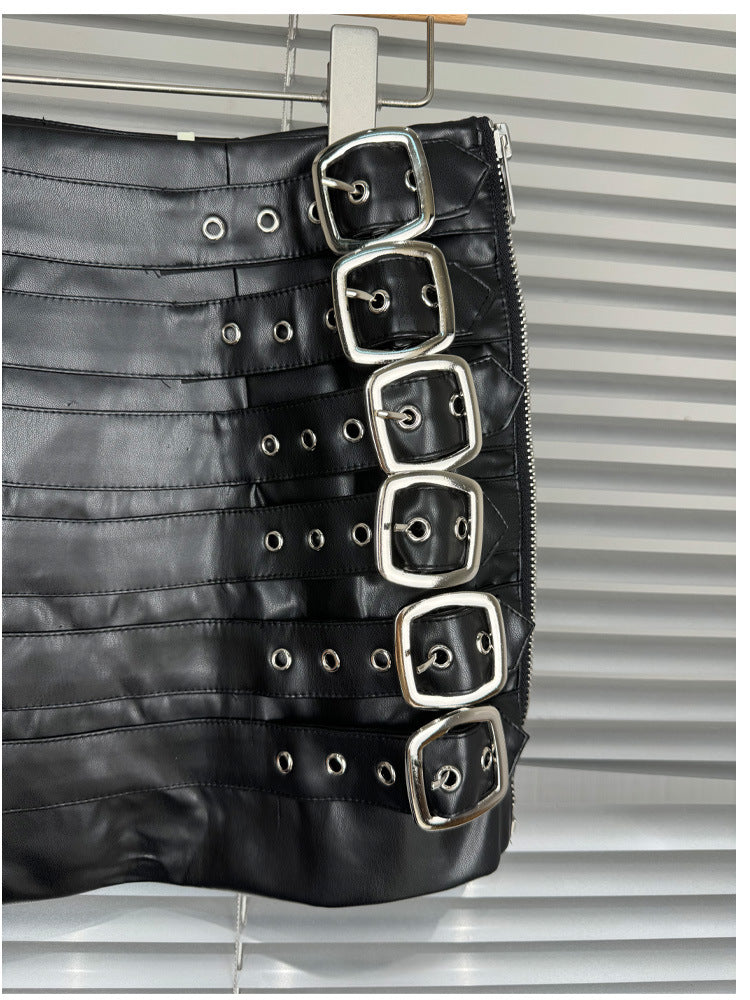 Faux Leather Mini Skirt Punk Motorcycle Bodycon with Metal Belt Straps