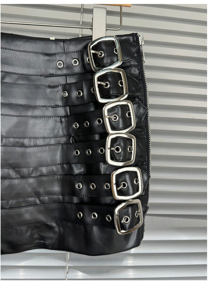 Faux Leather Mini Skirt Punk Motorcycle Bodycon with Metal Belt Straps