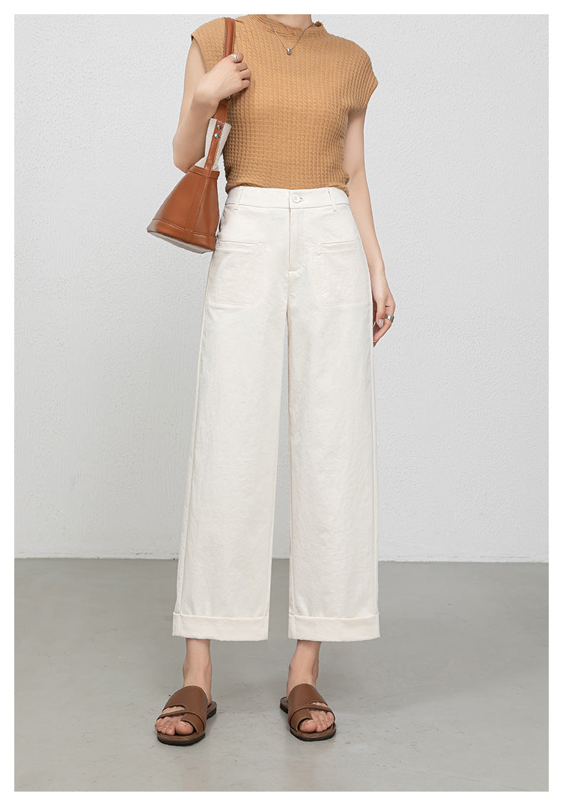 High waisted cropped pants women with rolled cuffs