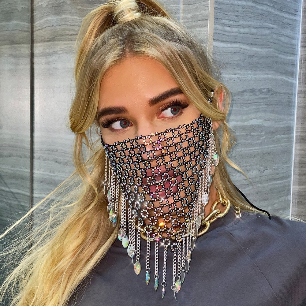 Rhinestone tassel mesh jewelry face mask