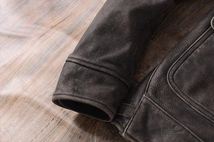 Men Distressed Cowhide Leather Trucker Jacket