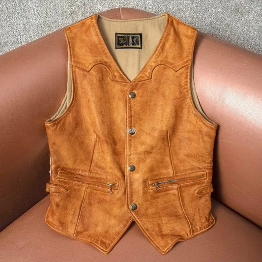 Men's slim-fit washed orange leather motorcycle vest