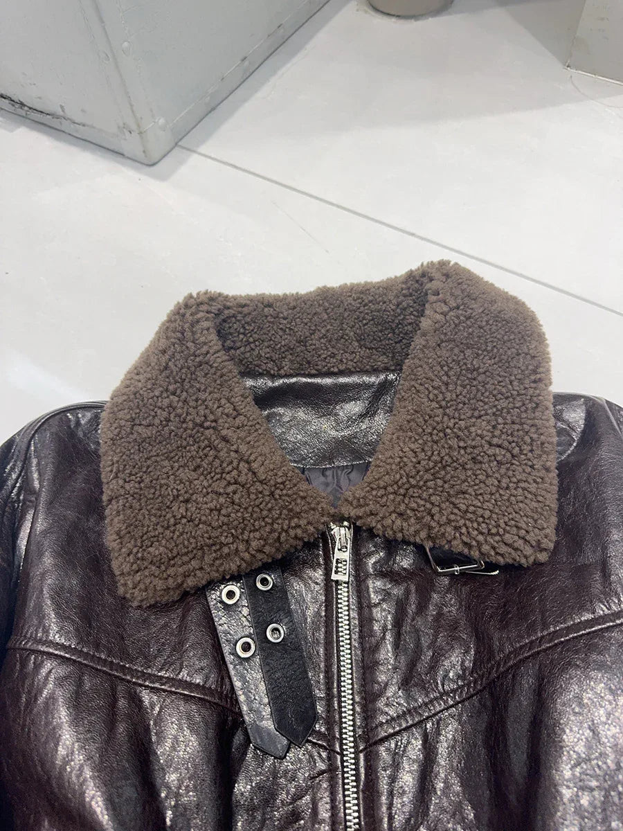 women genuine sheepskin bomber jacket with fur collar