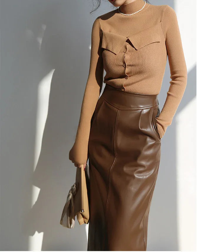 Brown sheepskin mid length bodycon leather skirt with slit