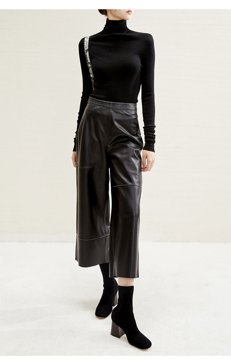 Irregular Cut Leather Wide Leg Pants for Women Cropped Straight Fit
