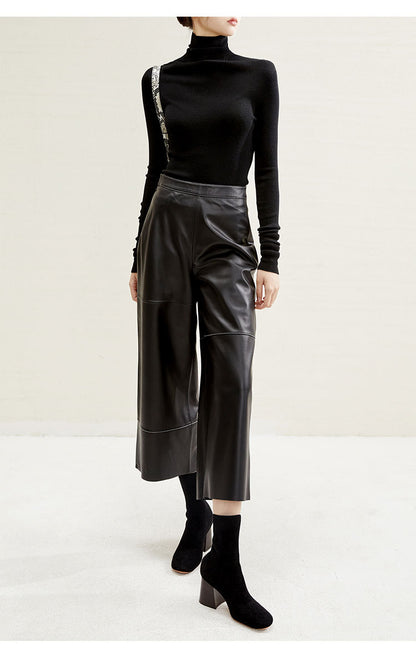 Irregular Cut Leather Wide Leg Pants for Women Cropped Straight Fit