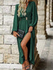 Olive Green V Neck Long Sleeve Belted High Slit Maxi Dress