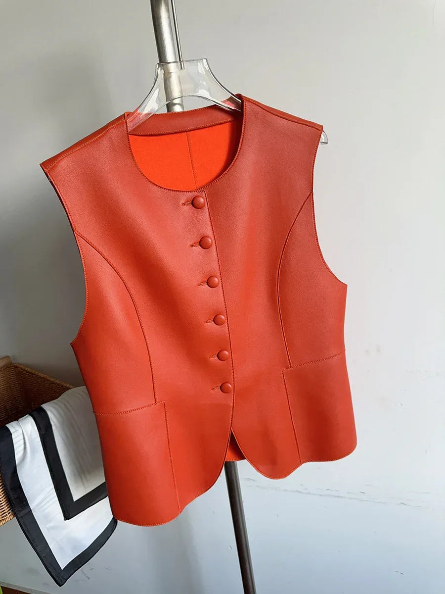 Women’s Red Sheepskin Leather Riding Vest 1 S