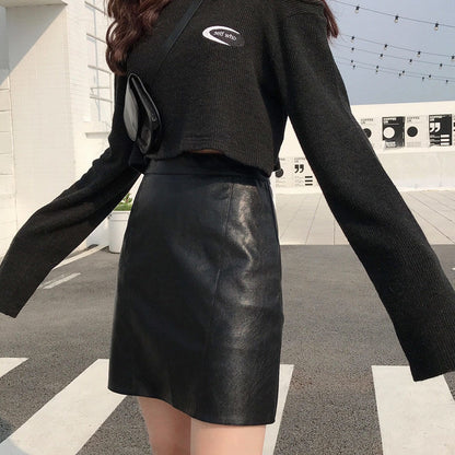 High Waist Black Faux Leather Mini Skirt for Women