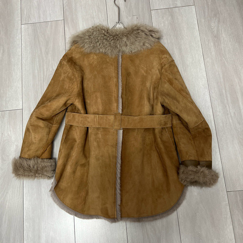 Women’s Suede Trench Coat with Real Fur Collar