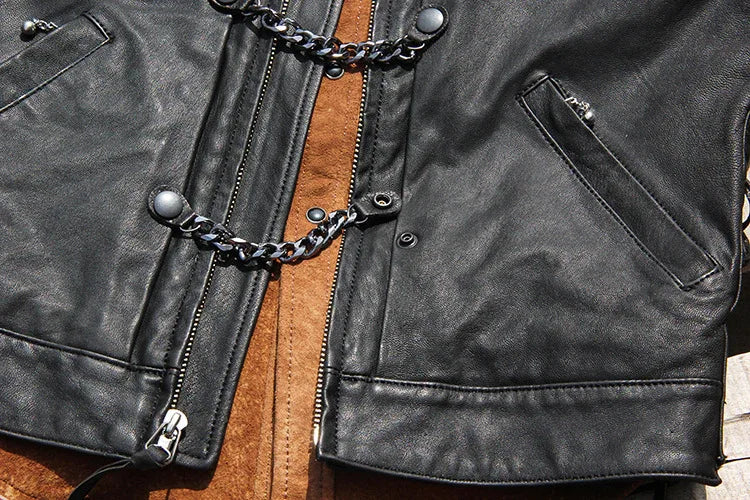Black chain front motorcycle leather vest for men