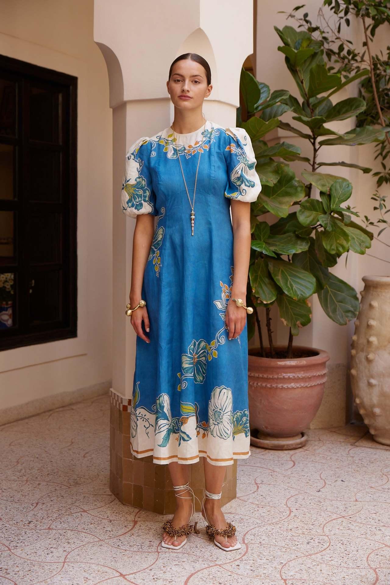 Floral linen maxi dress with lantern sleeves