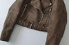 Women Brown Velvet Motorcycle Jacket Cropped Suede