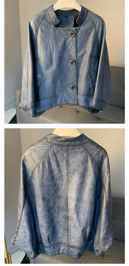 Retro distressed leather bomber jacket women