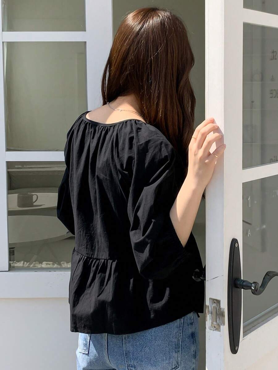 Tie Side Bishop Sleeve Wrap Peplum Blouse Shirt