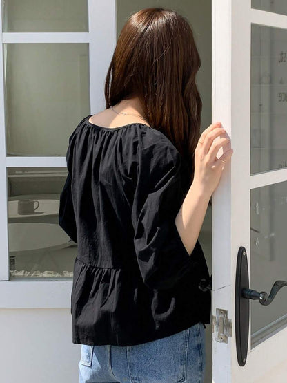 Tie Side Bishop Sleeve Wrap Peplum Blouse Shirt